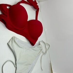 Red and white bikini size L for the top and M/L for the white bottom